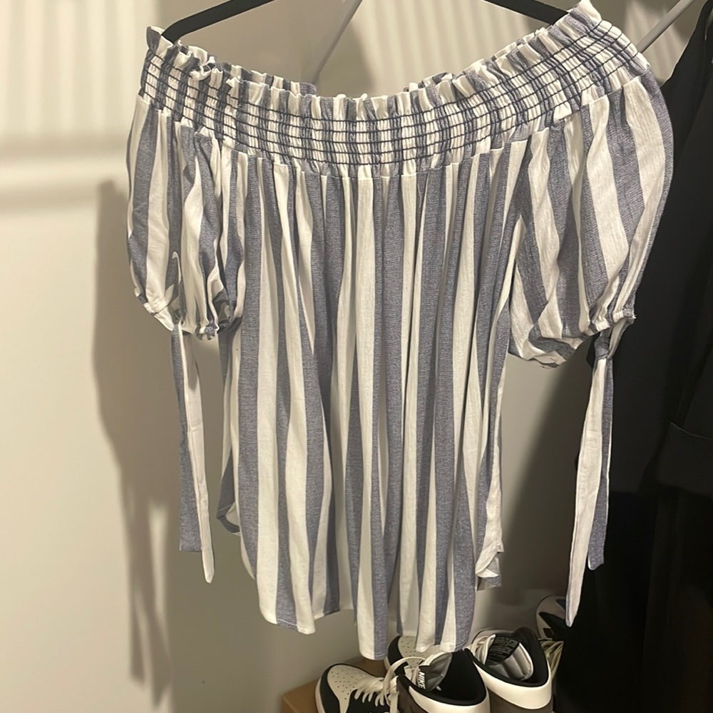 Off the shoulder blue and white shirt